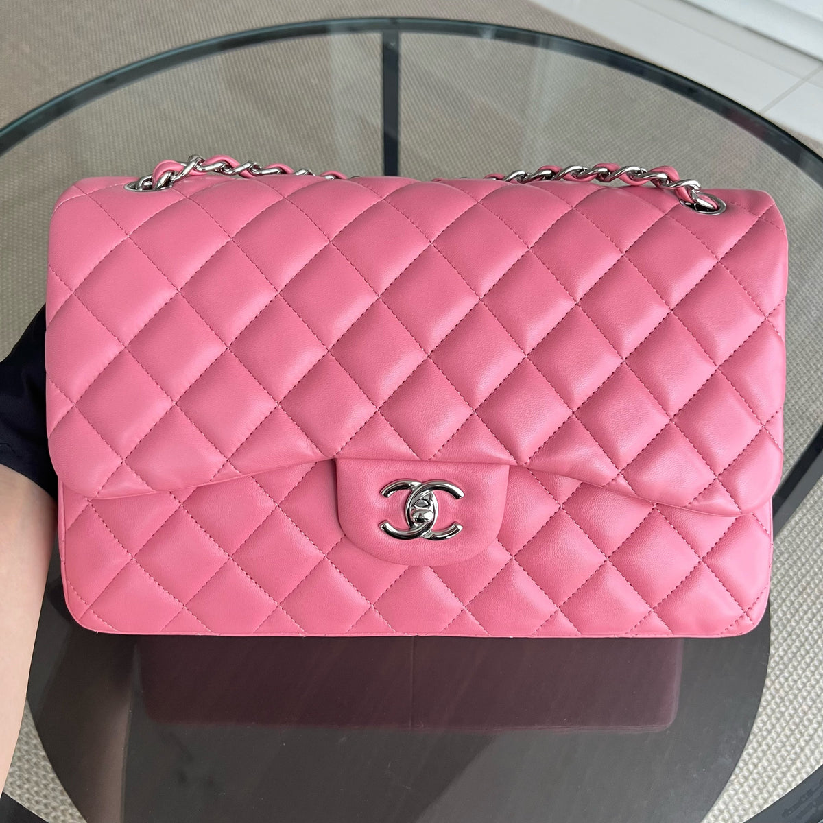 Balance of Jumbo Double Flap Classic Flap Quilted Lambskin Sakura Pink Silver Hardware Series 18