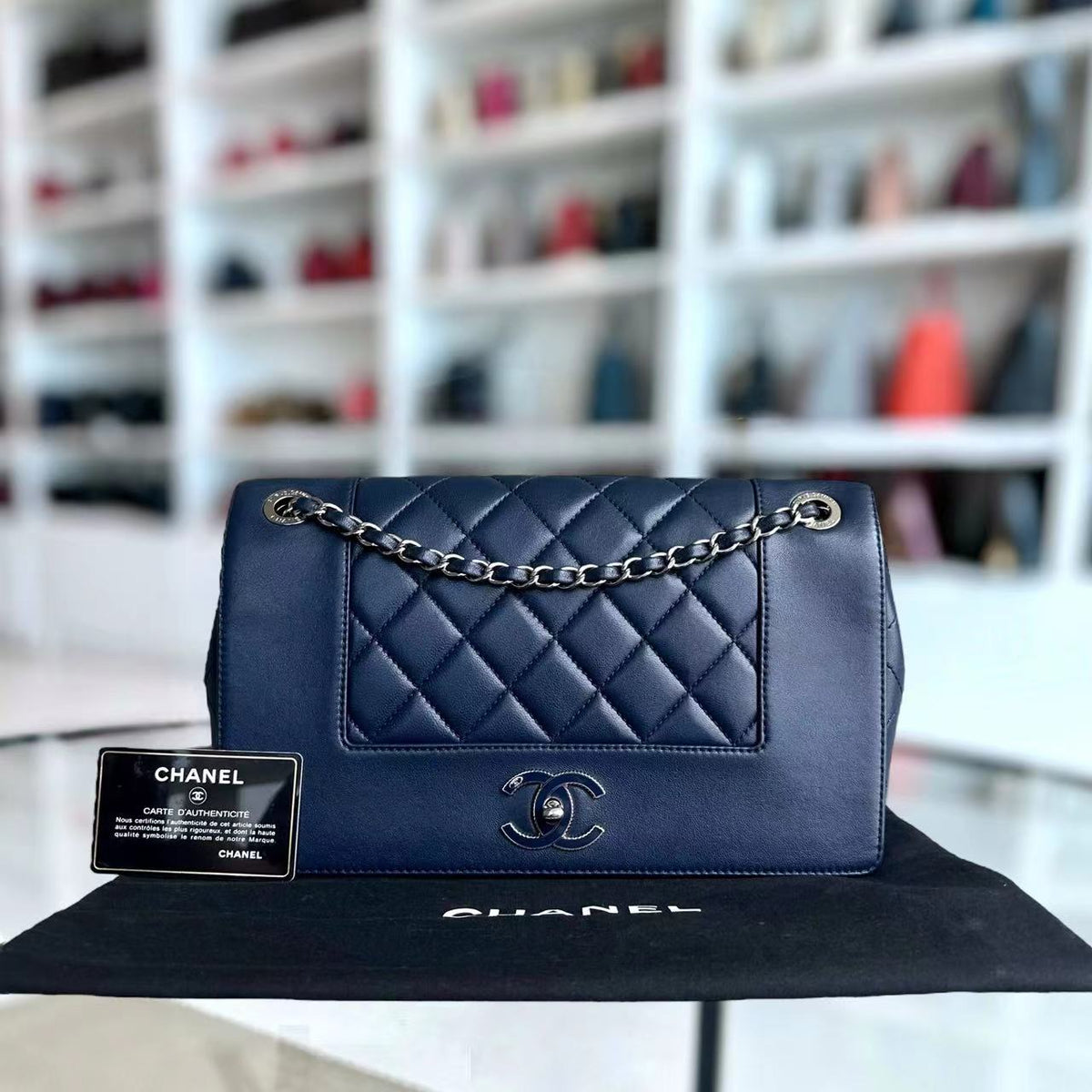 Mademoiselle Medium Seasonal Double Flap Calfskin Quilted Dark Navy Blue Series 23