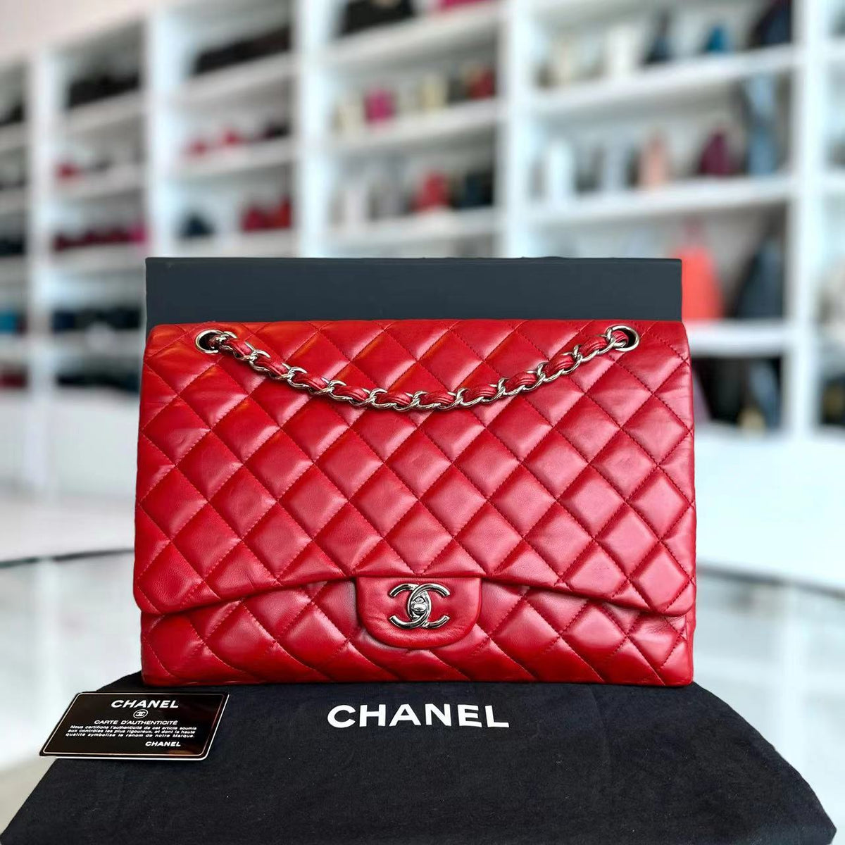 Maxi Classic Flap Quilted Lambskin Red Silver Hardware Series 13