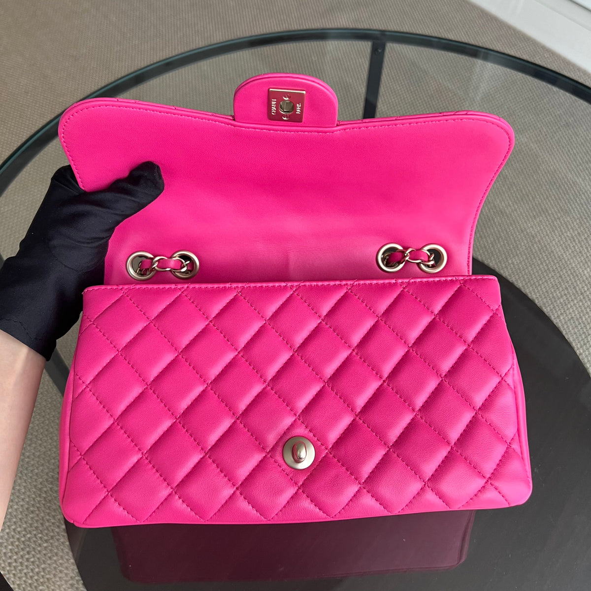 Chic Flap Mademoiselle Classic Flap 25CM Quilted Lambskin Hot Pink Golden Hardware Series 21