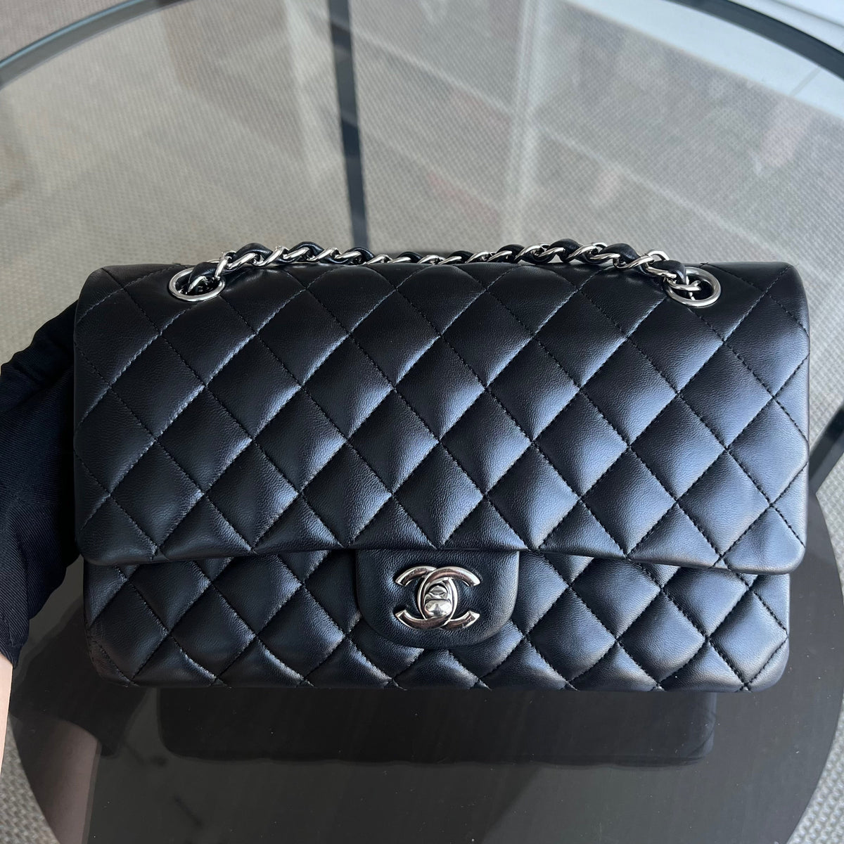 Double Flap Quilted Lambskin Black Silver Hardware Series 19