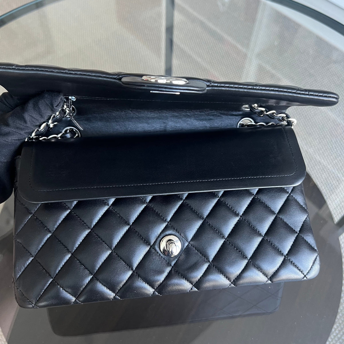 Double Flap Quilted Lambskin Black Silver Hardware Series 19