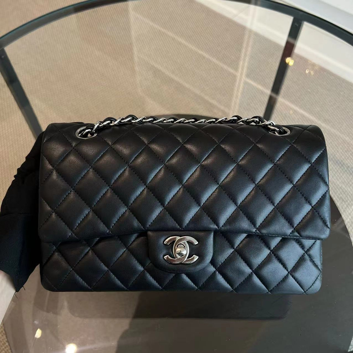 Double Flap Quilted Lambskin Black Silver Hardware Series 20