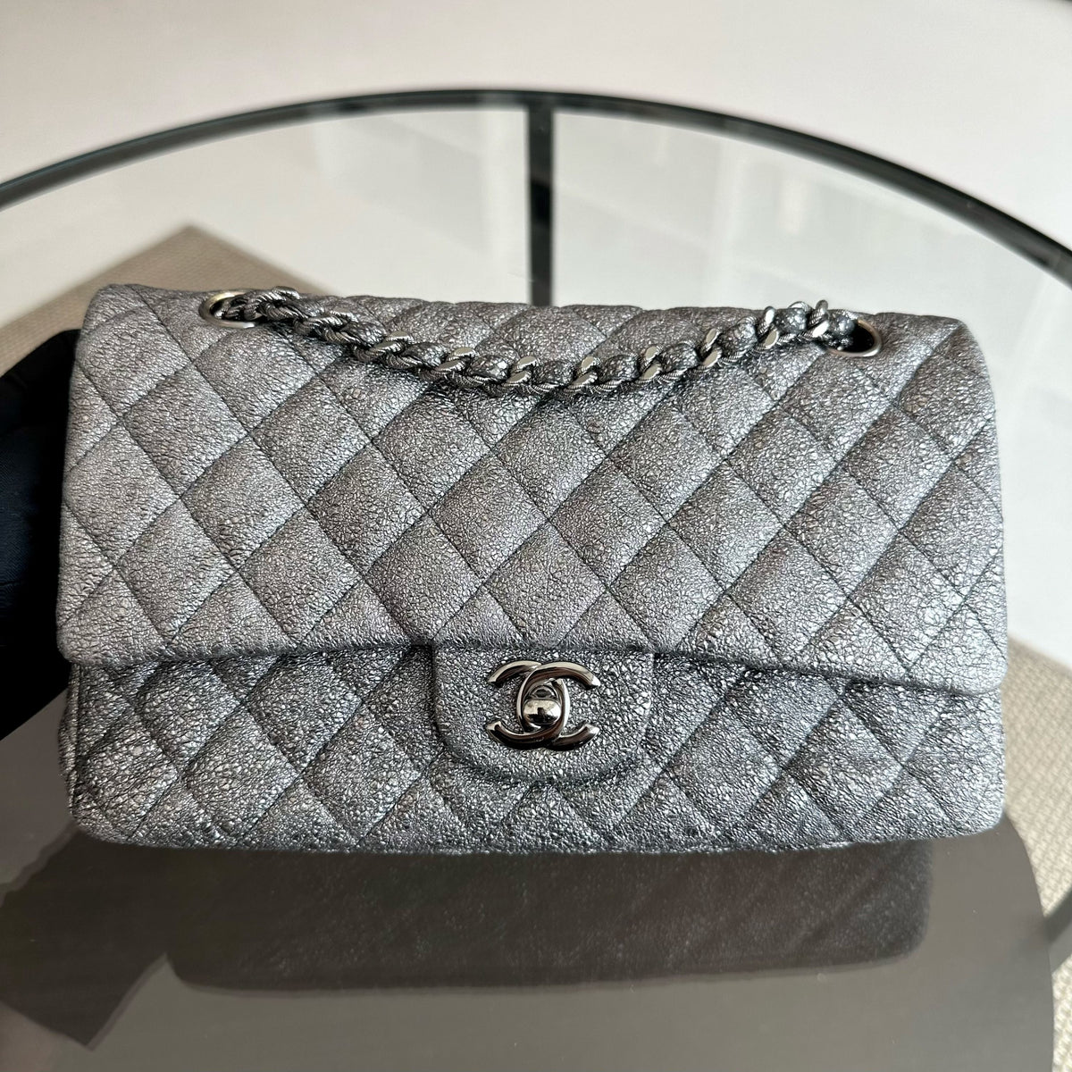 Metallic Crackled Calfskin Quilted Gray SHW No 11