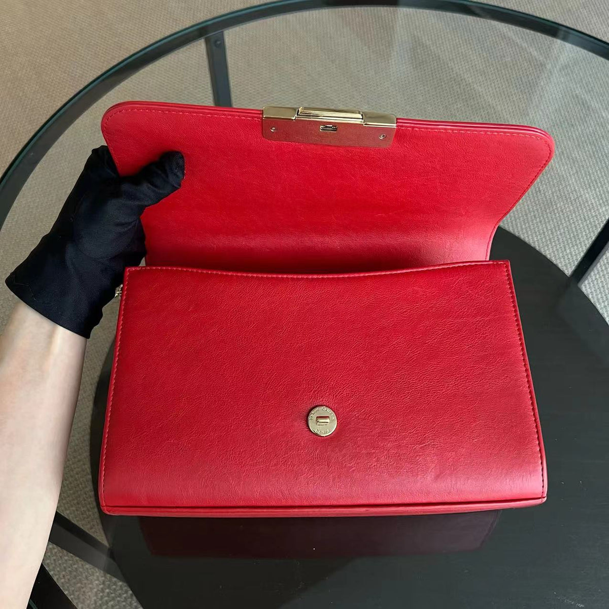 Chanel Medium Label Click Flap Quilted Grained Calfskin Red Golden Hardware Series 24
