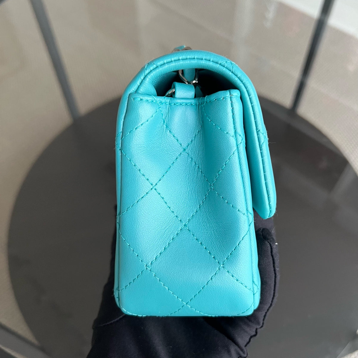 Mini Rectangular Classic Flap 20CM Quilted Lambskin Green Silver Hardware Series 19