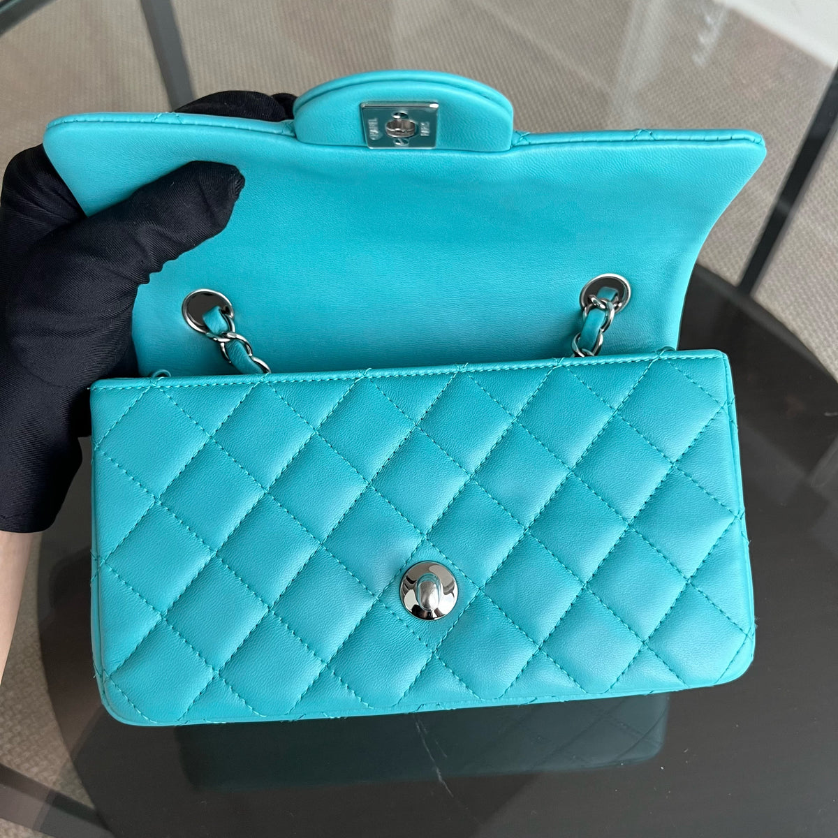 Mini Rectangular Classic Flap 20CM Quilted Lambskin Green Silver Hardware Series 19
