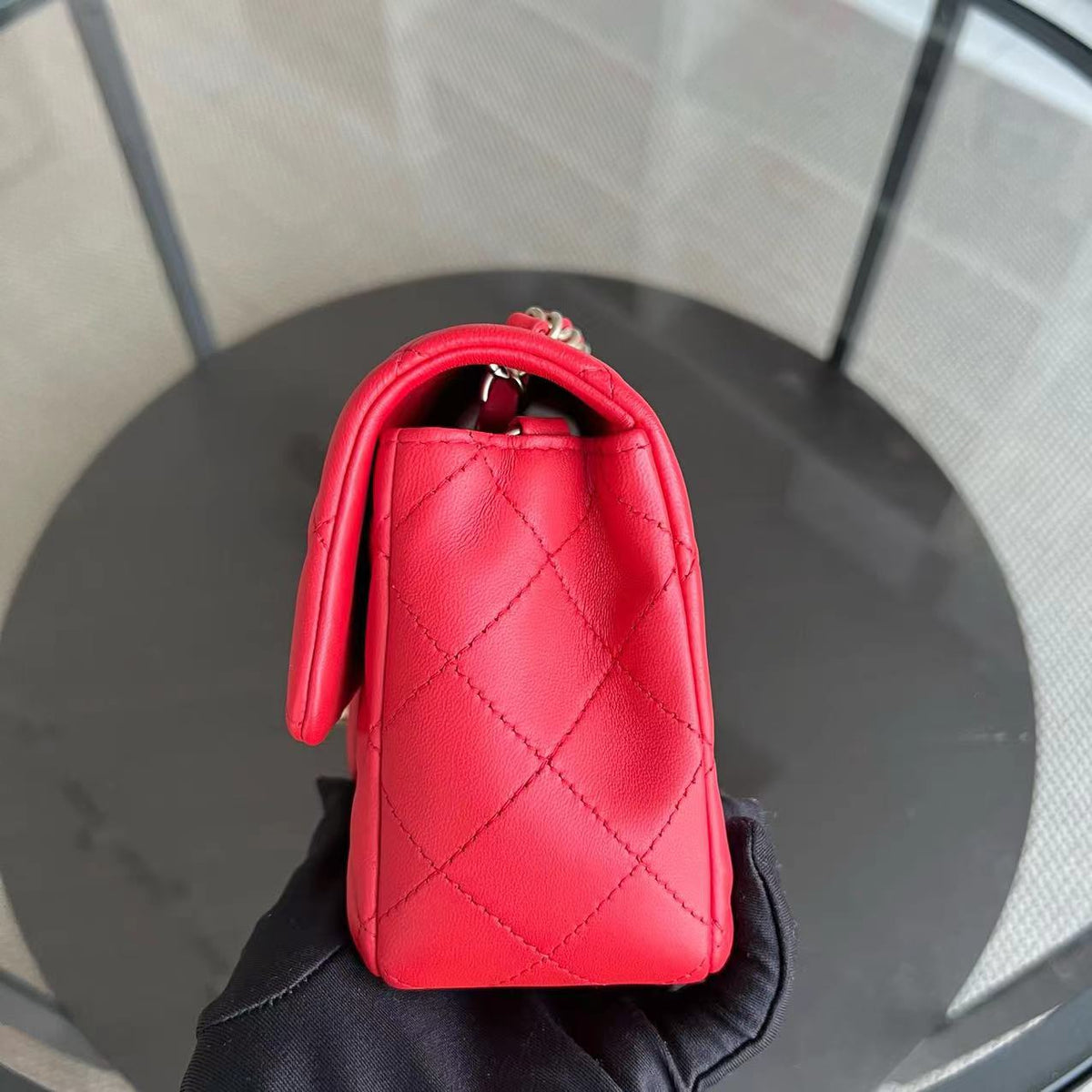 Mini Rectangular Classic Flap 20CM Quilted Lambskin Red Golden Hardware Series 17