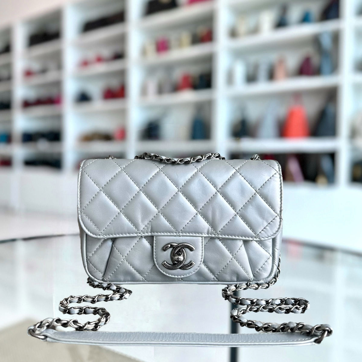 Chanel Mini Rectangular Flap - Plated Chain Seasonal Flap Quilted Calfskin Silver SHW No 21