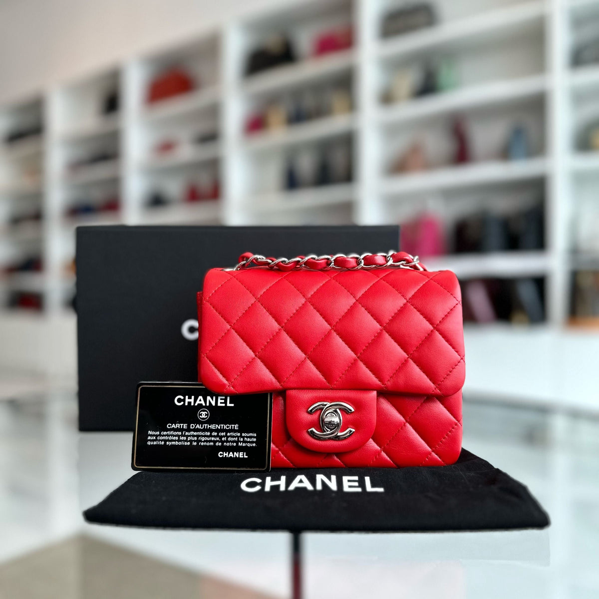 Mini Square 17CM Classic Flap Lambskin Red SHW No 22
