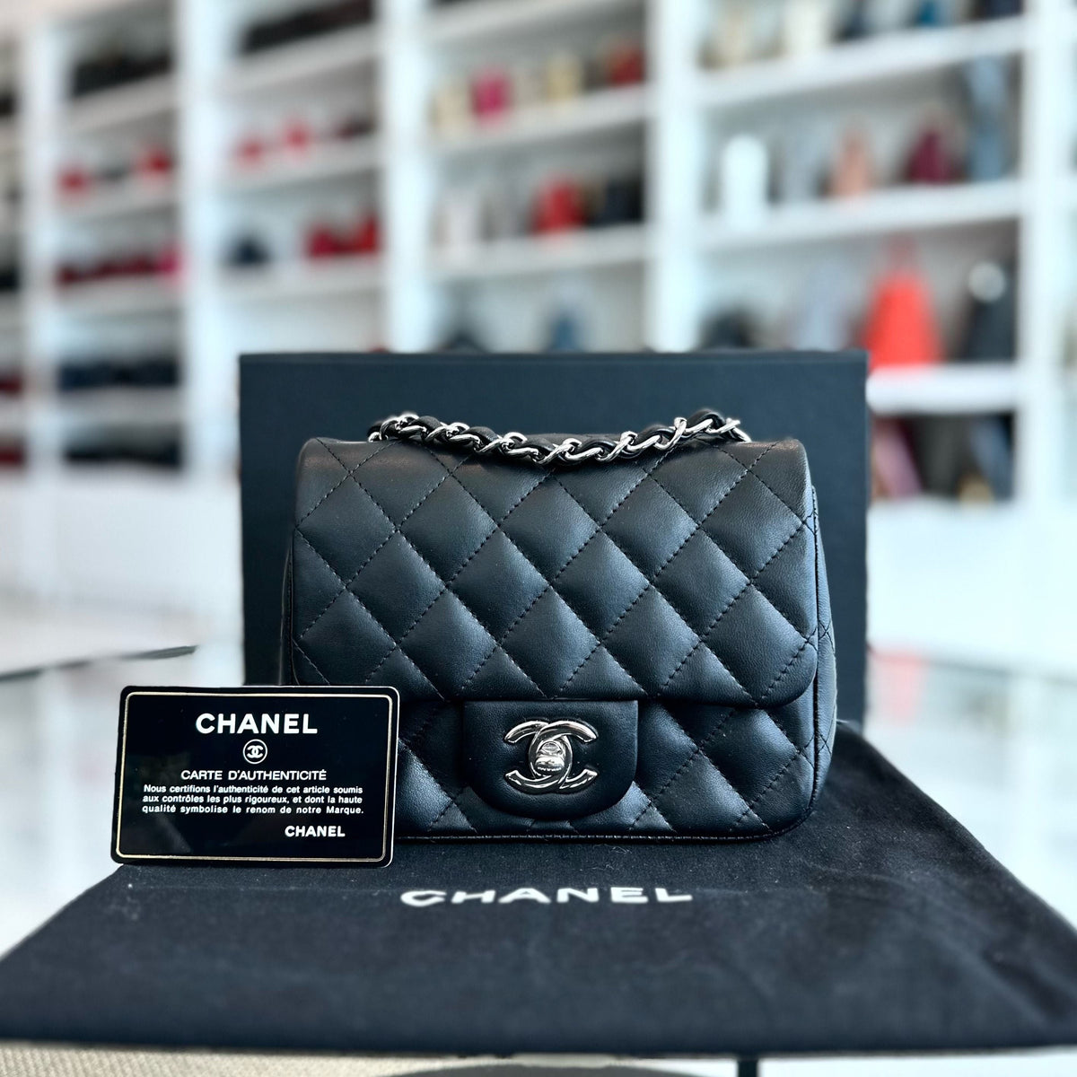 Mini Square Classic Flap Quilted Lambskin Black SHW No 13