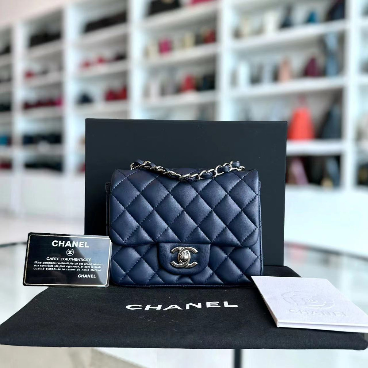 Chanel Mini Square Classic Flap Quilted Lambskin Dark Navy Blue Silver Hardware Series 22
