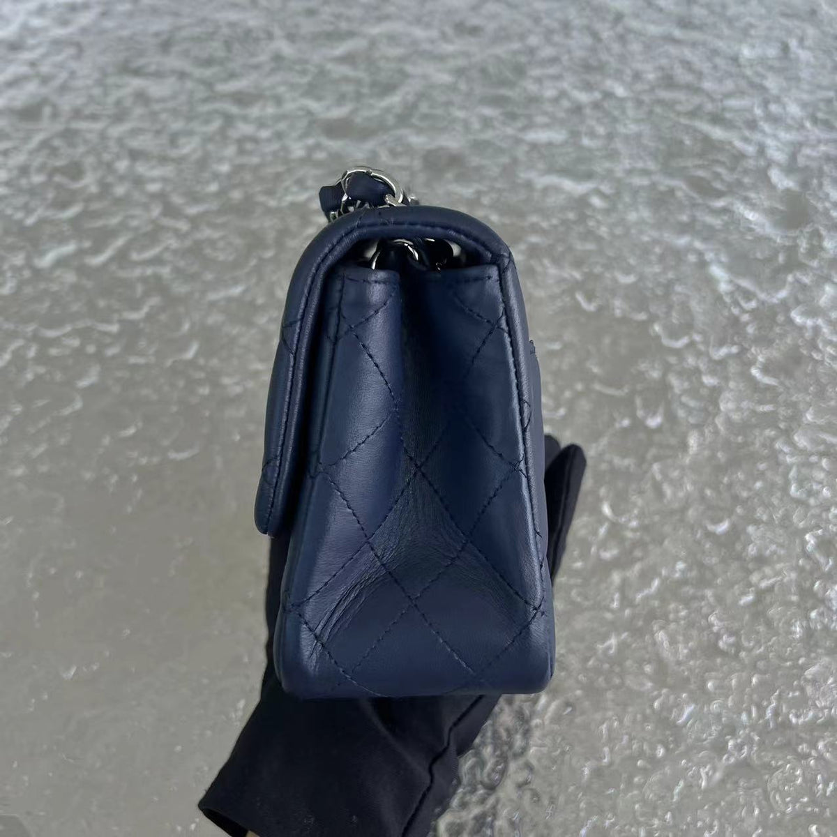 Chanel Mini Square Classic Flap Quilted Lambskin Dark Navy Blue Silver Hardware Series 22