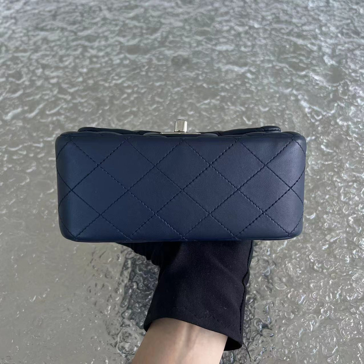 Chanel Mini Square Classic Flap Quilted Lambskin Dark Navy Blue Silver Hardware Series 22
