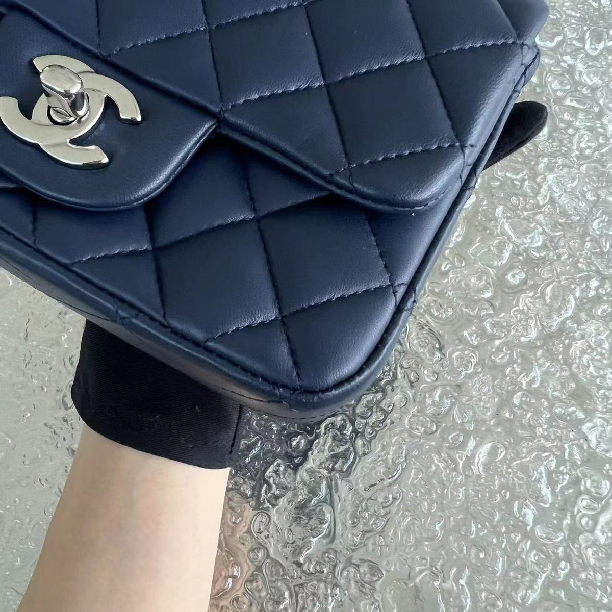 Chanel Mini Square Classic Flap Quilted Lambskin Dark Navy Blue Silver Hardware Series 22