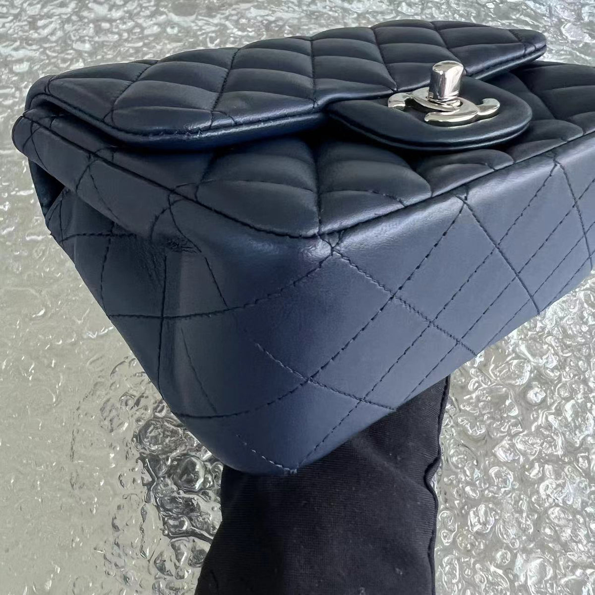 Chanel Mini Square Classic Flap Quilted Lambskin Dark Navy Blue Silver Hardware Series 22