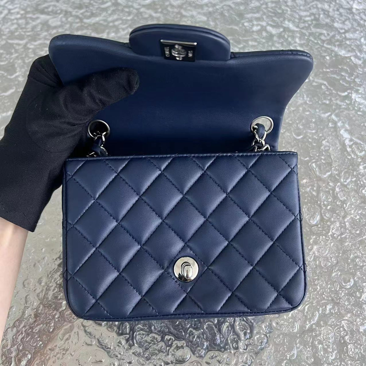 Chanel Mini Square Classic Flap Quilted Lambskin Dark Navy Blue Silver Hardware Series 22