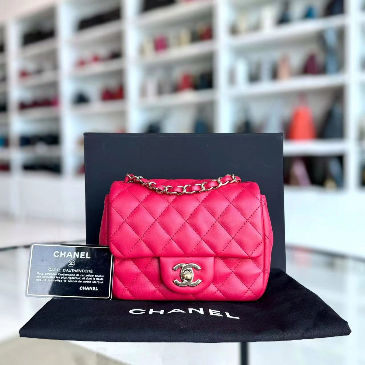 Mini Square Classic Flap Quilted Lambskin Hot Pink Golden Hardware Series 21