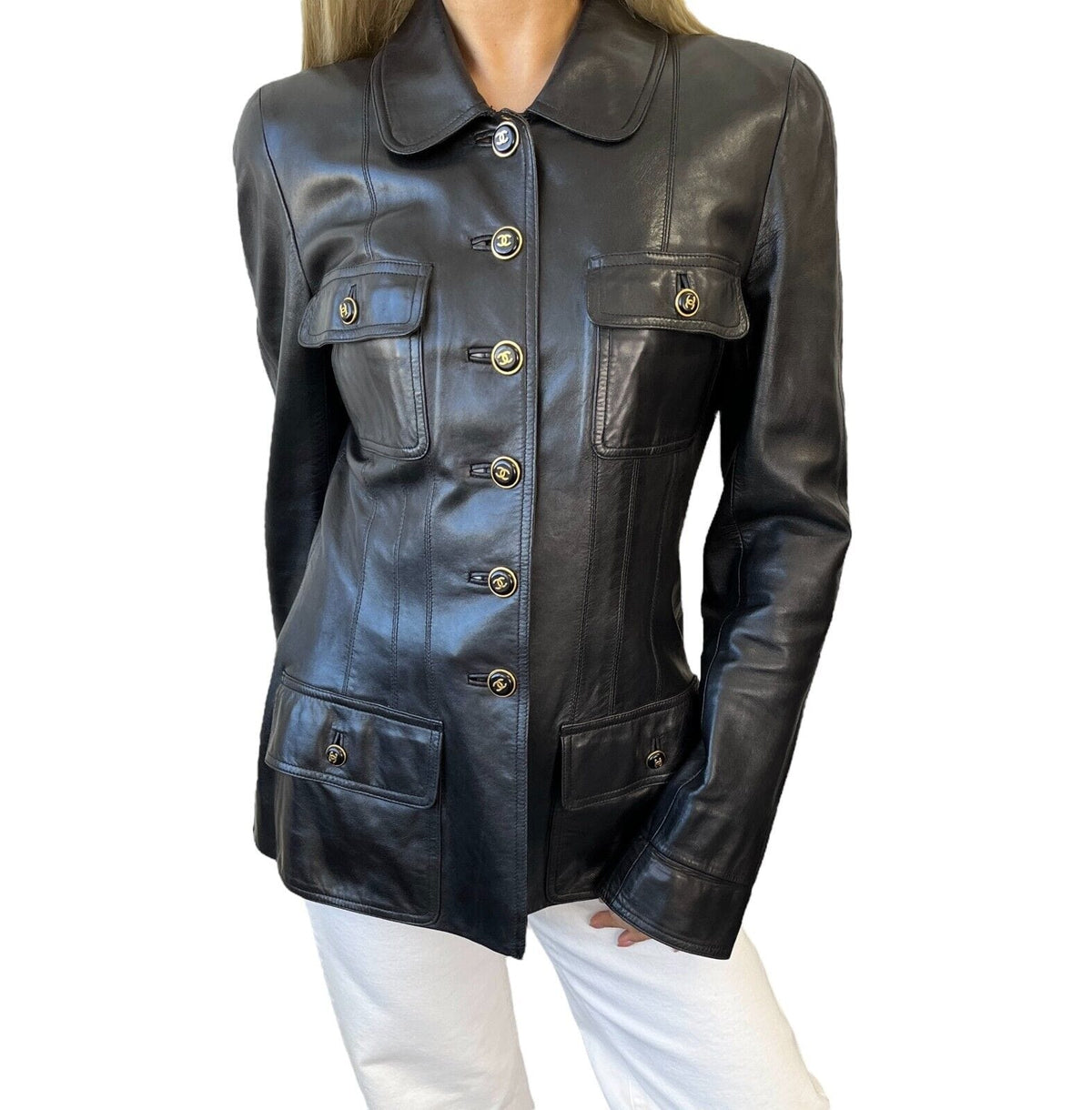 CHANEL Vintage 95A CC Logo Leather Jacket #40 Black Gold Button Pocket