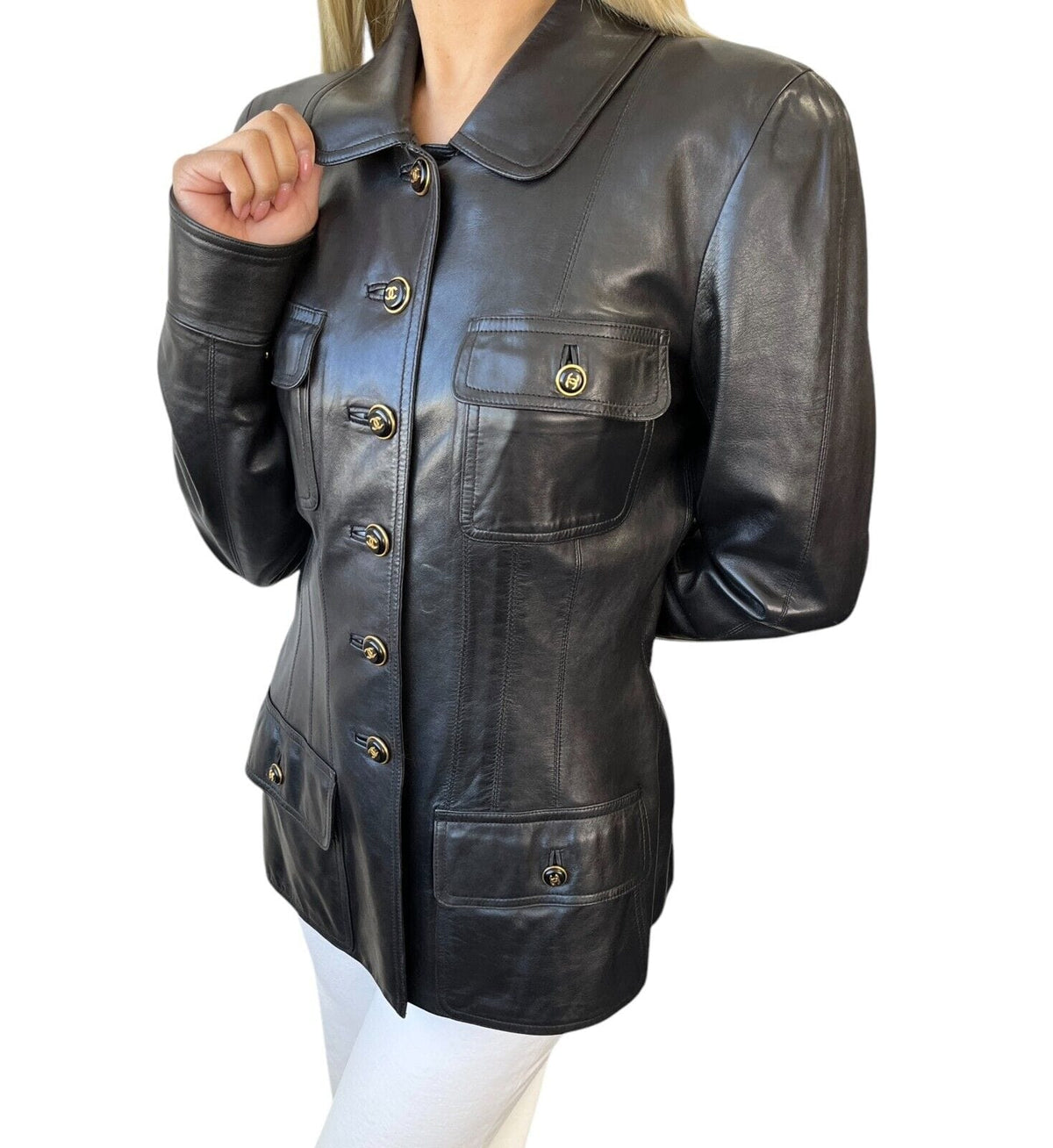 CHANEL Vintage 95A CC Logo Leather Jacket #40 Black Gold Button Pocket