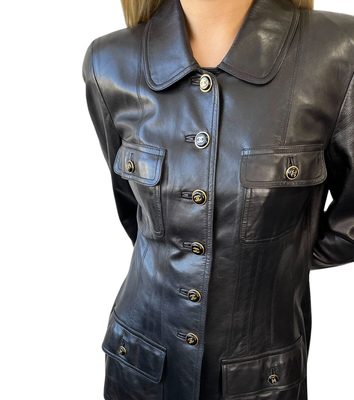 CHANEL Vintage 95A CC Logo Leather Jacket #40 Black Gold Button Pocket