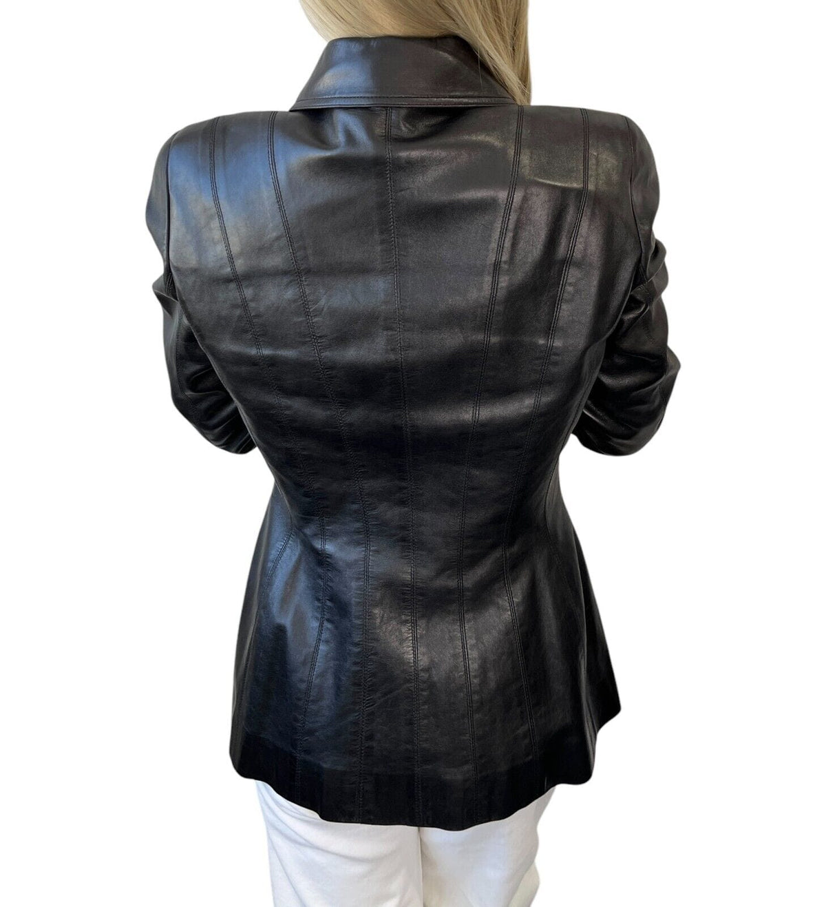 CHANEL Vintage 95A CC Logo Leather Jacket #40 Black Gold Button Pocket
