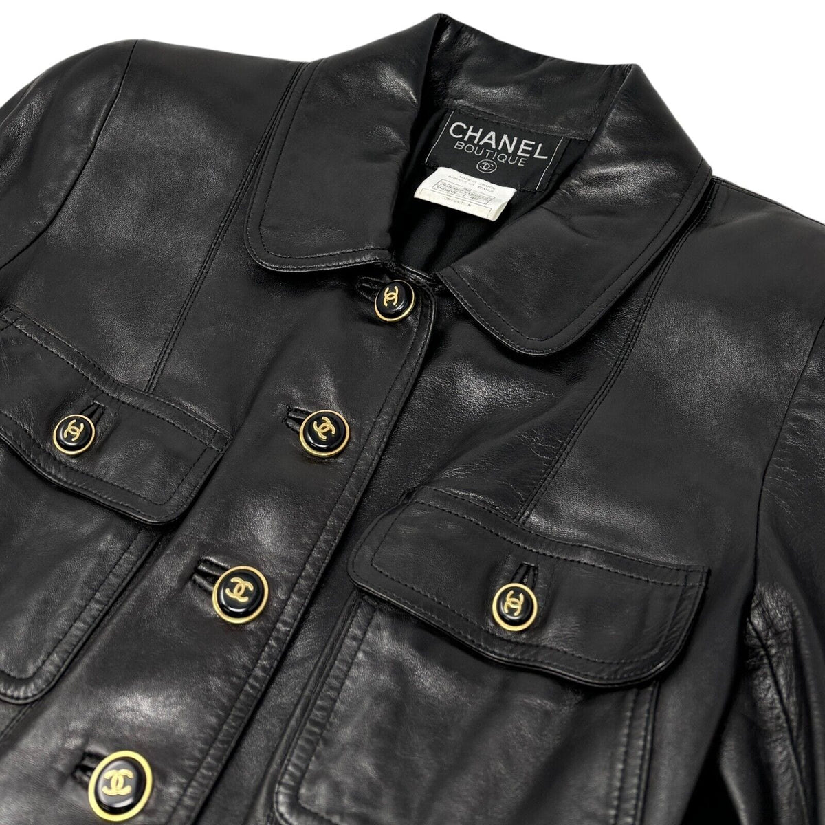 CHANEL Vintage 95A CC Logo Leather Jacket #40 Black Gold Button Pocket