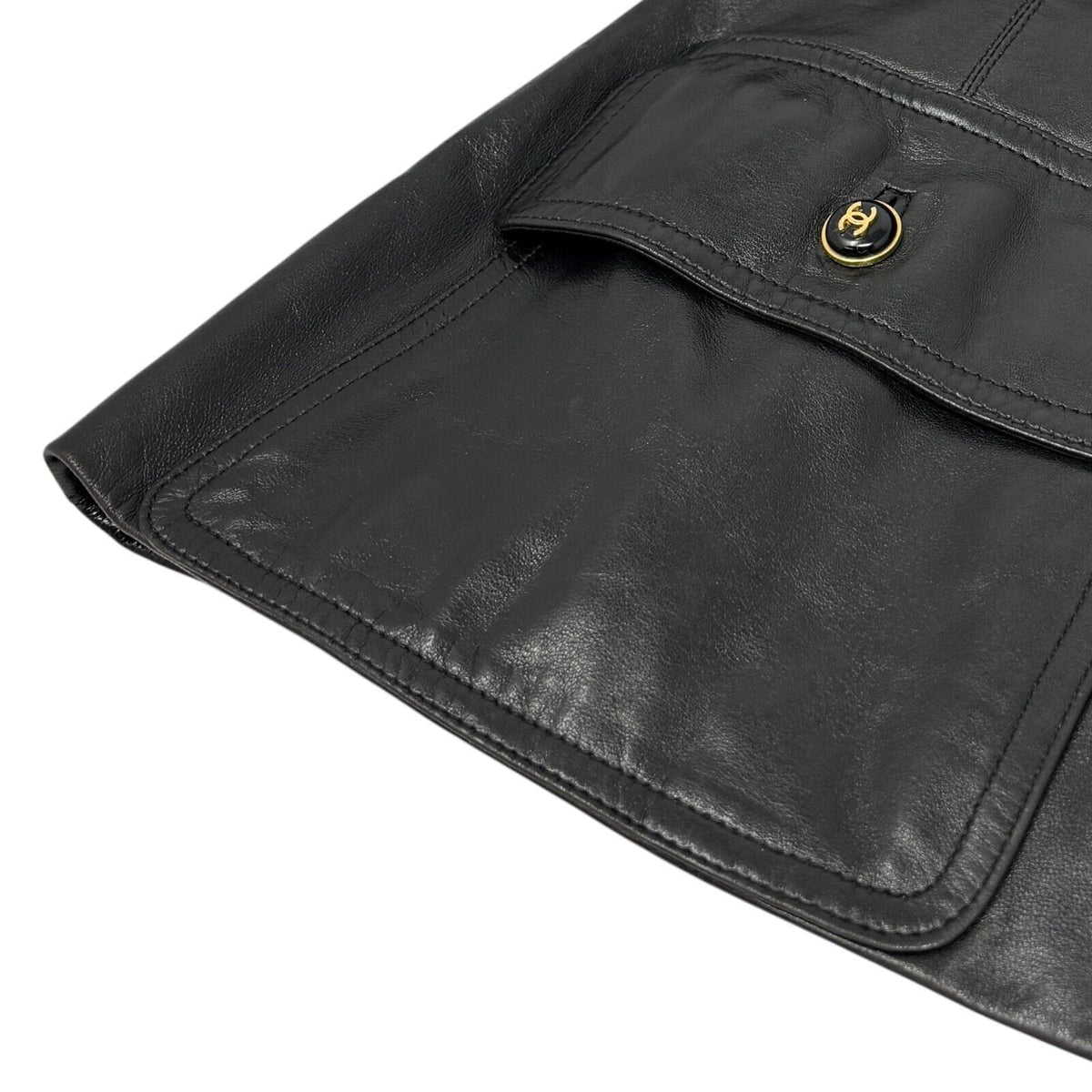 CHANEL Vintage 95A CC Logo Leather Jacket #40 Black Gold Button Pocket