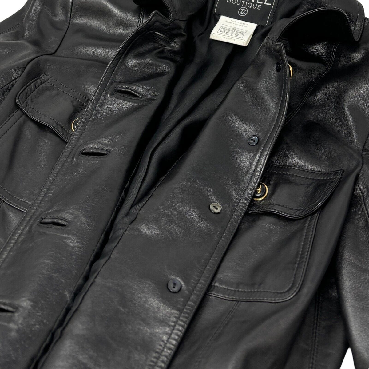 CHANEL Vintage 95A CC Logo Leather Jacket #40 Black Gold Button Pocket