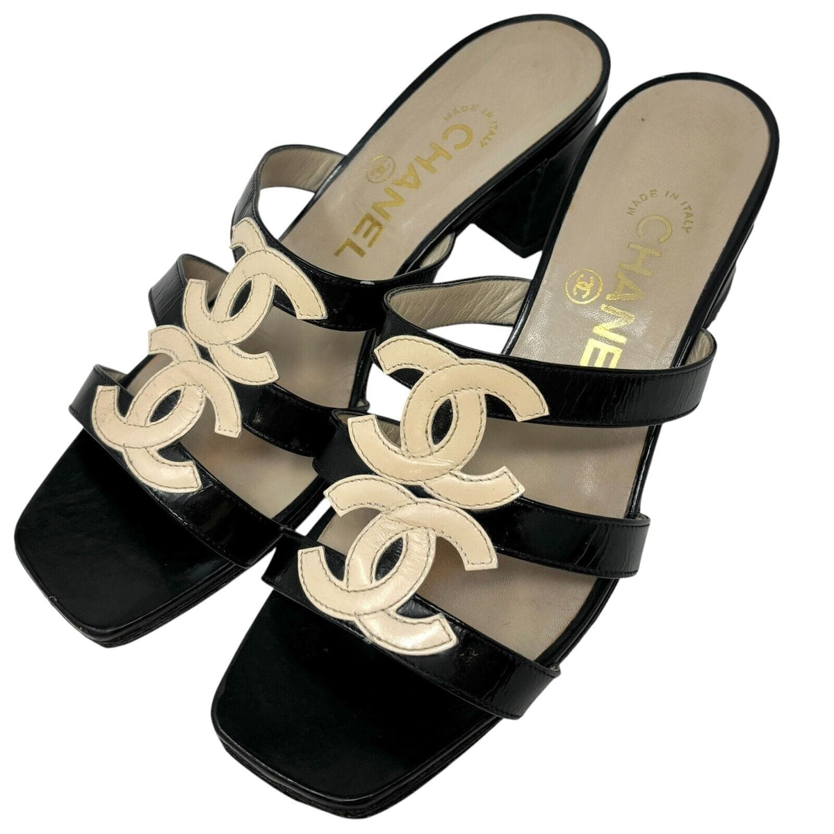 CHANEL Vintage 97C Double Coco Mark Sandals #36 Heels Cream Black Leather