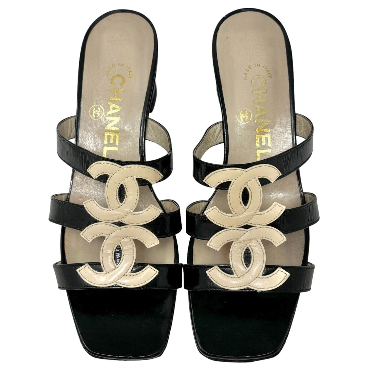 CHANEL Vintage 97C Double Coco Mark Sandals #36 Heels Cream Black Leather