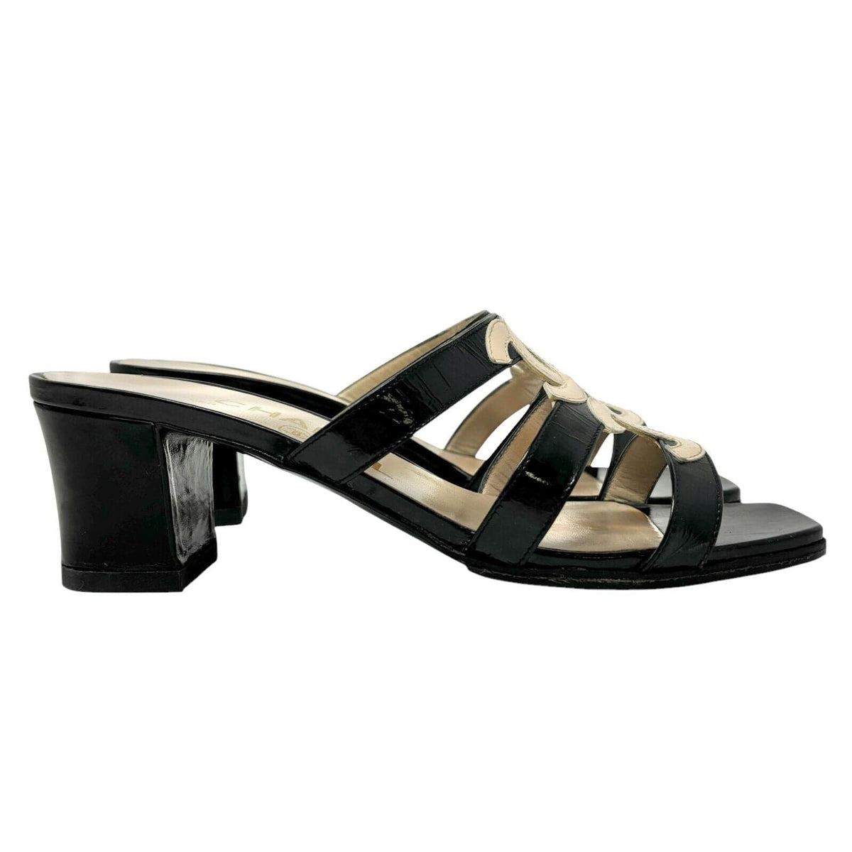 CHANEL Vintage 97C Double Coco Mark Sandals #36 Heels Cream Black Leather