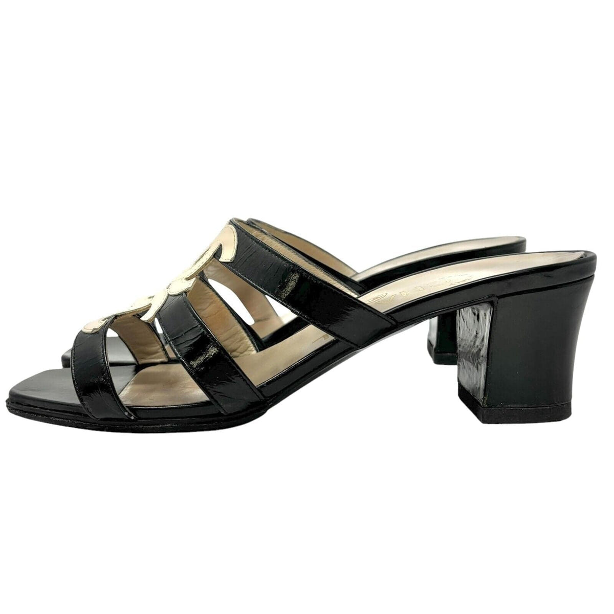 CHANEL Vintage 97C Double Coco Mark Sandals #36 Heels Cream Black Leather