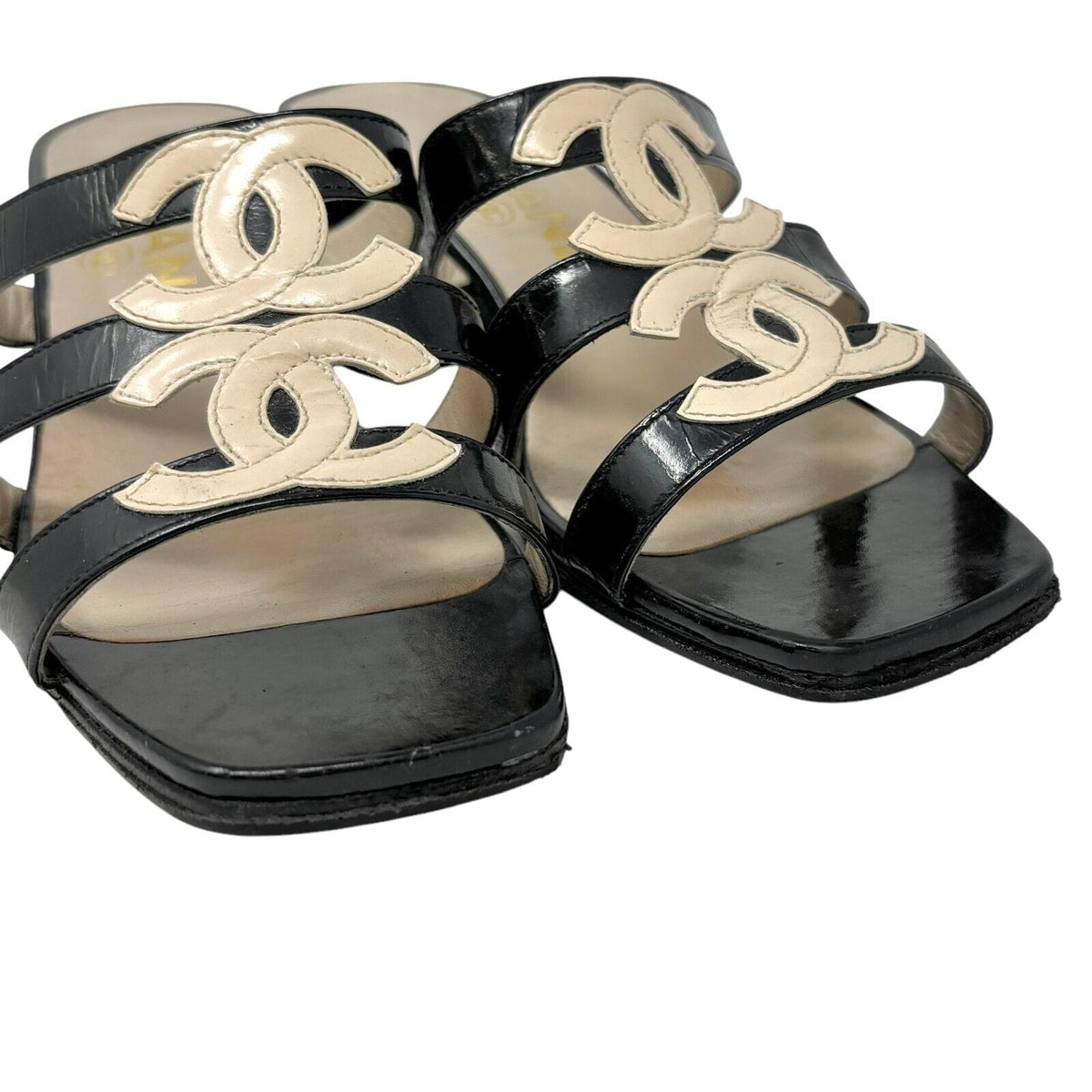 CHANEL Vintage 97C Double Coco Mark Sandals #36 Heels Cream Black Leather