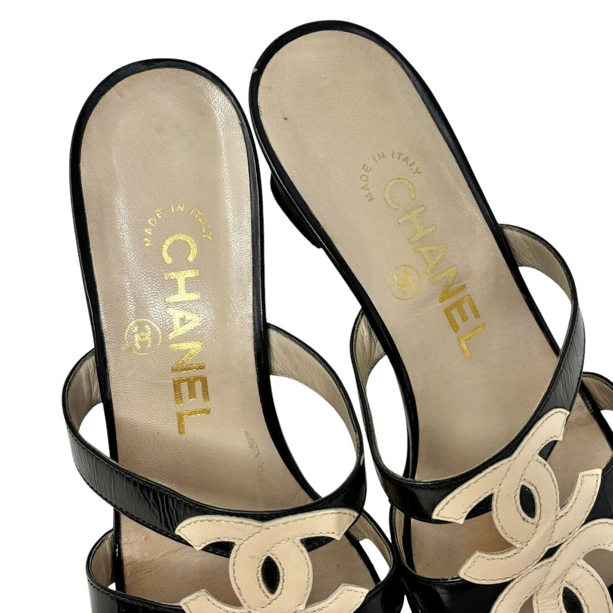 CHANEL Vintage 97C Double Coco Mark Sandals #36 Heels Cream Black Leather