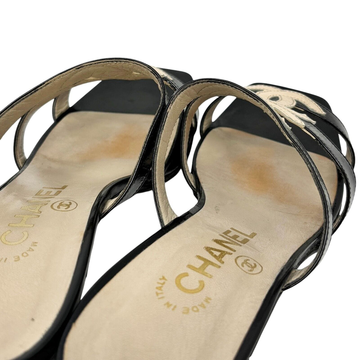 CHANEL Vintage 97C Double Coco Mark Sandals #36 Heels Cream Black Leather
