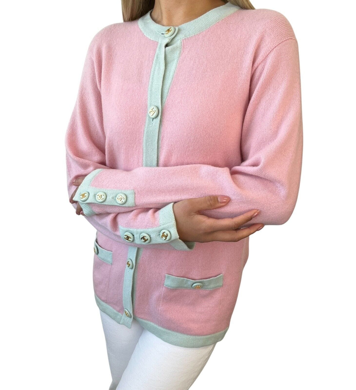 CHANEL Vintage CC Logo Cardigan Sweater Top Button Pink Blue Cashmere