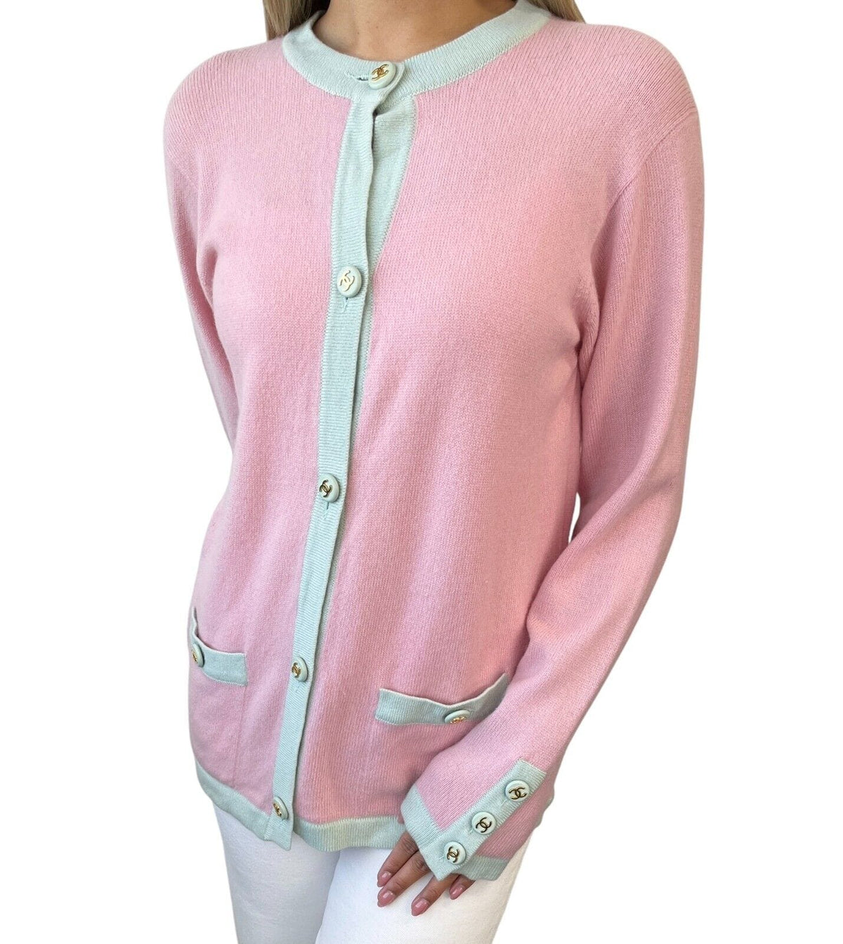 CHANEL Vintage CC Logo Cardigan Sweater Top Button Pink Blue Cashmere