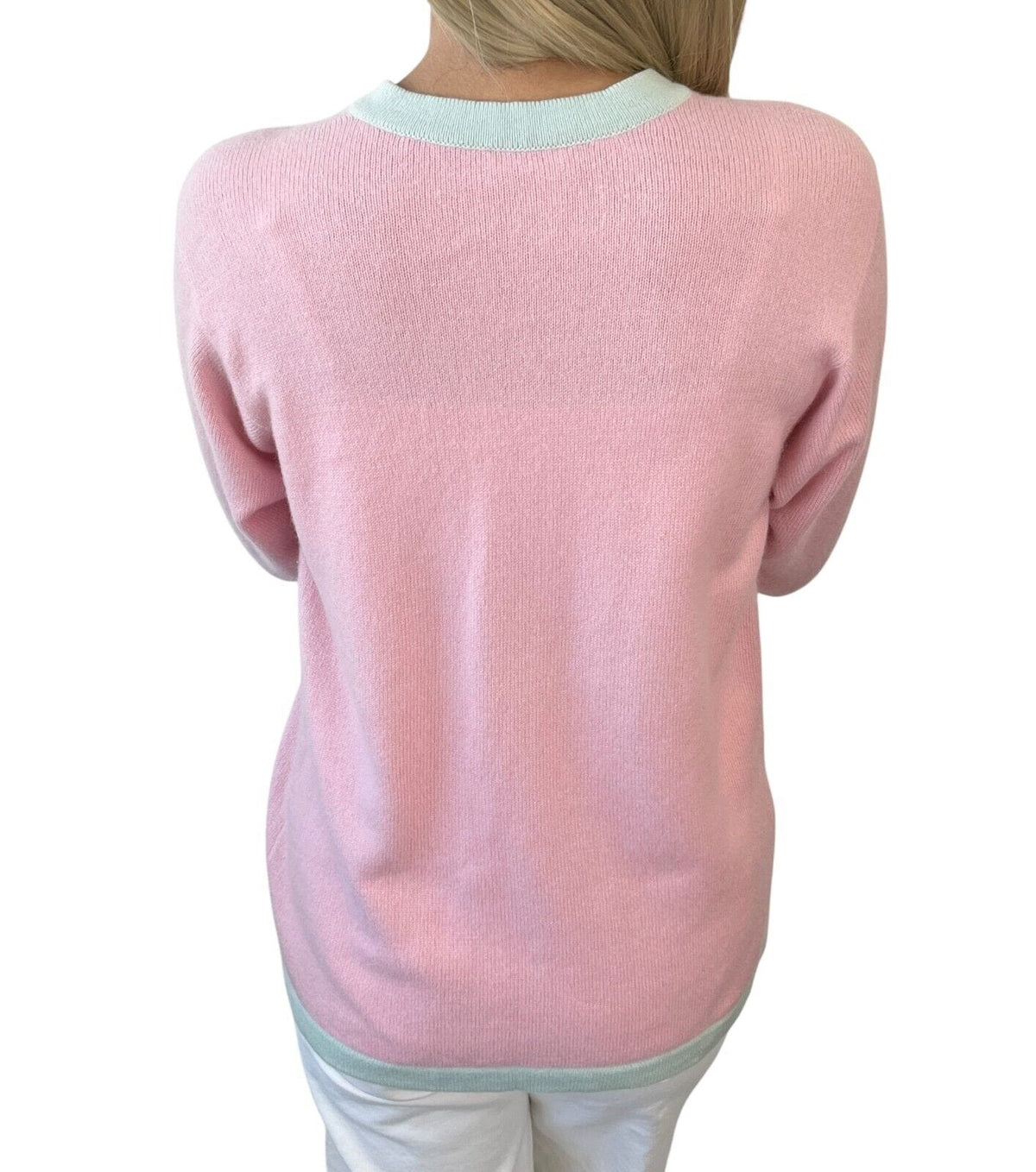 CHANEL Vintage CC Logo Cardigan Sweater Top Button Pink Blue Cashmere