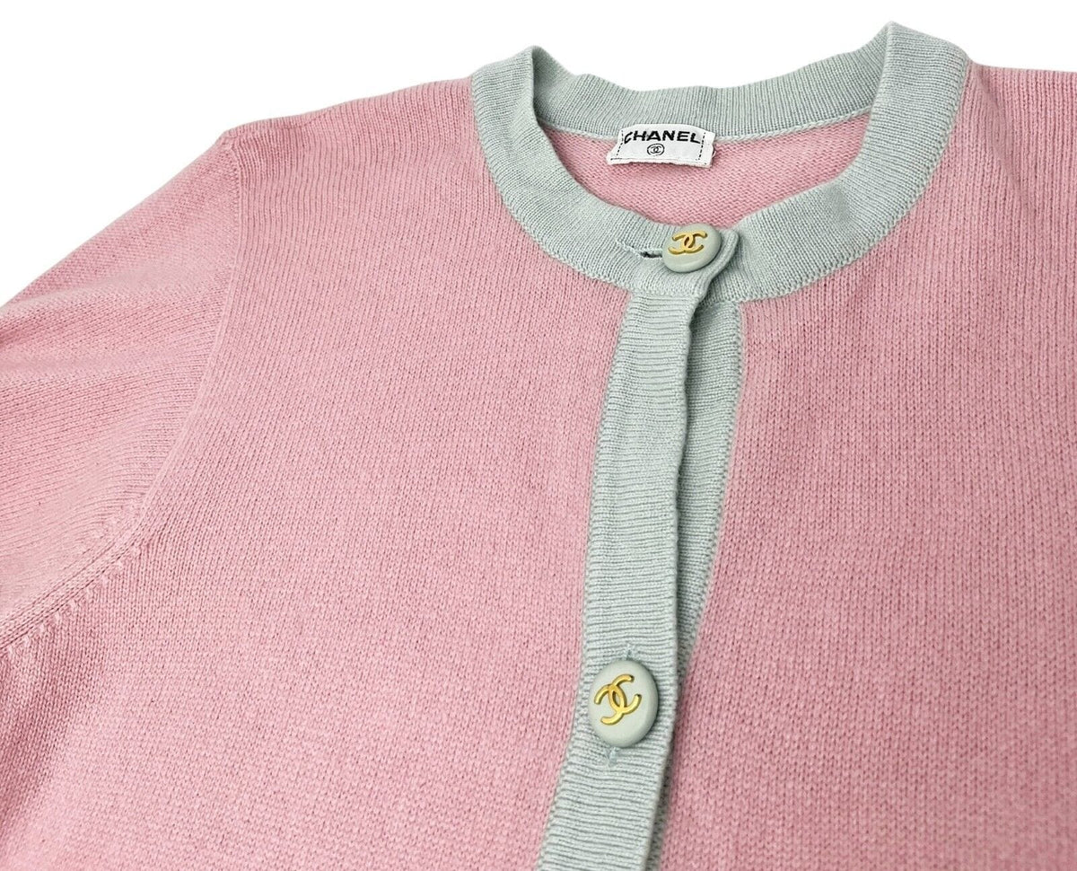 CHANEL Vintage CC Logo Cardigan Sweater Top Button Pink Blue Cashmere