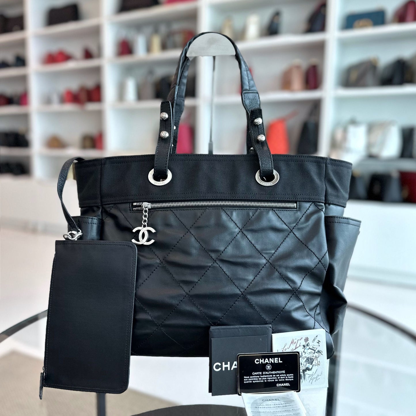 Paris Biarritz Quilted Tote with Pouch Black No 11