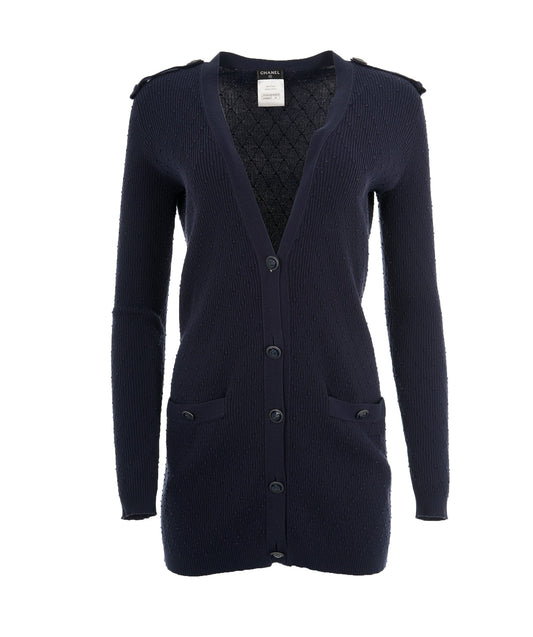 Chanel 17 Navy Cotton Pointelle CC Button Long Sleeve Cardigan 38 ALL0849