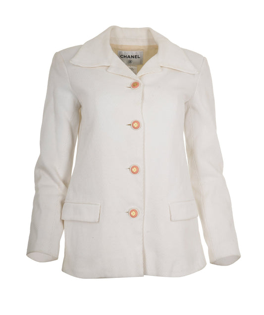 Chanel 2015 White Cotton CC Ribbed Blazer Jacket FR40 AGC2202