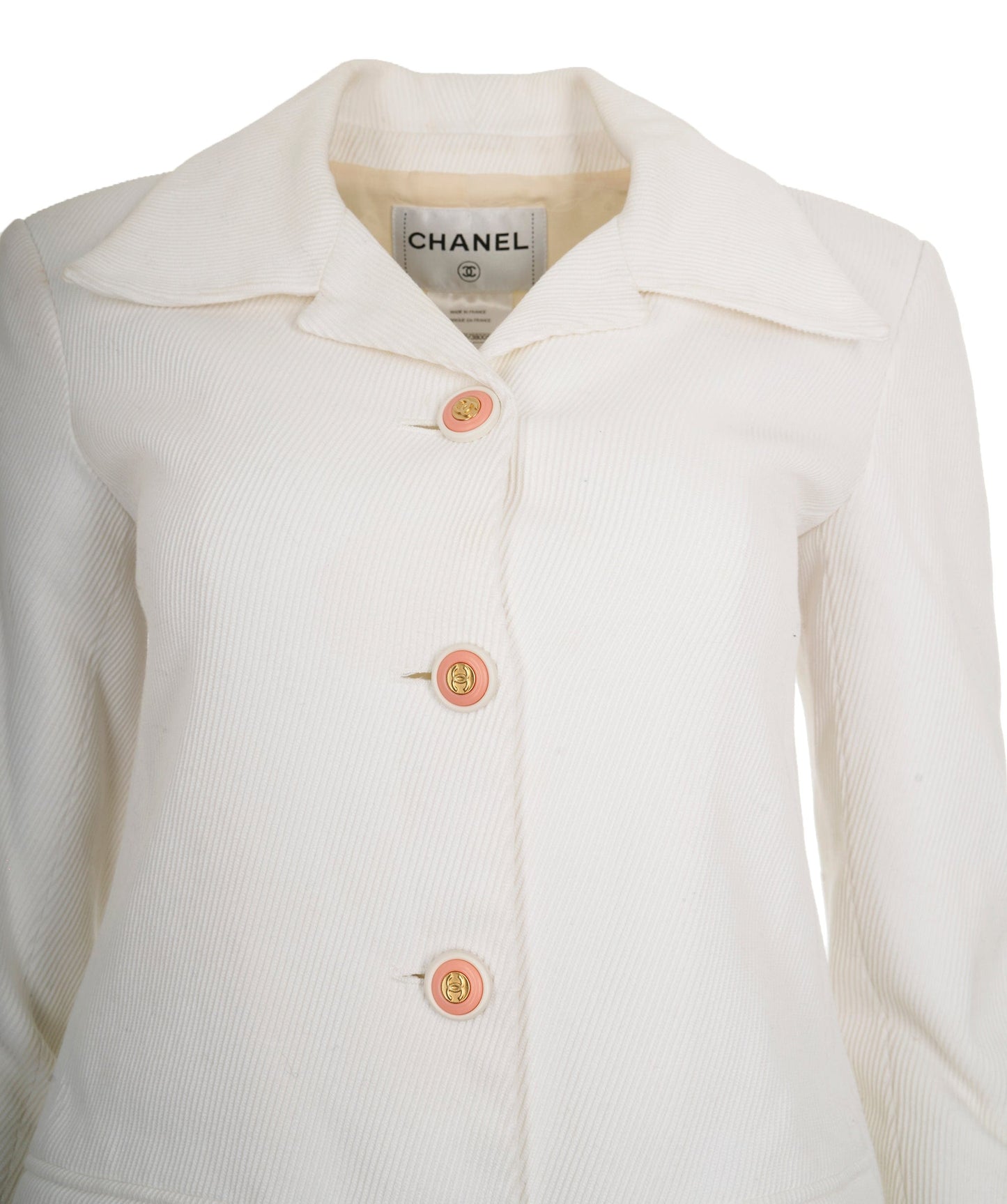 Chanel 2015 White Cotton CC Ribbed Blazer Jacket FR40 AGC2202