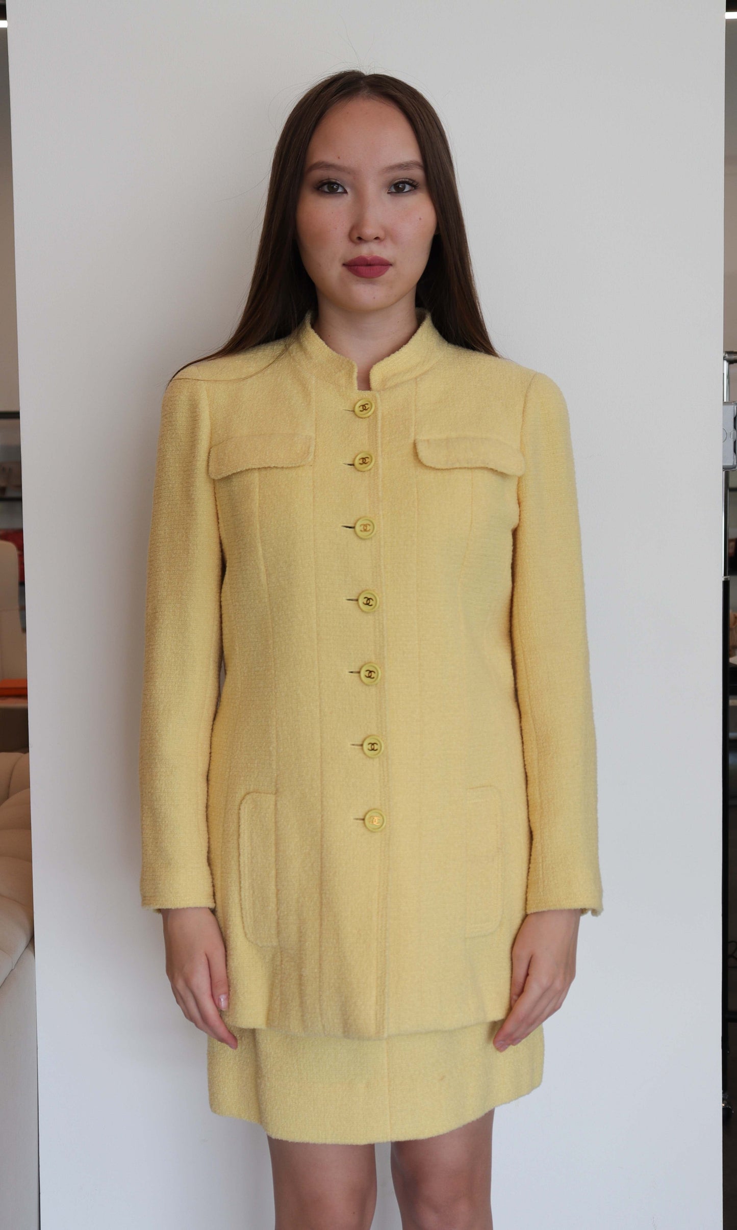 chanel baby chick yellow tweed bomber set DXBS2452