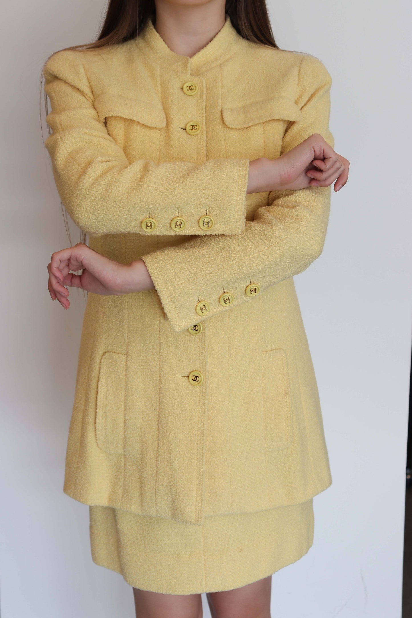 chanel baby chick yellow tweed bomber set DXBS2452