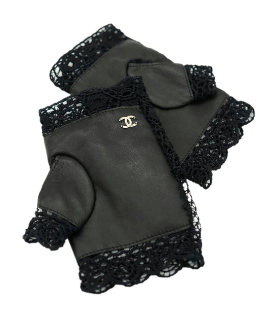 Chanel Black Lambskin & Crochet Lace CC Fingerless Gloves ABL0043