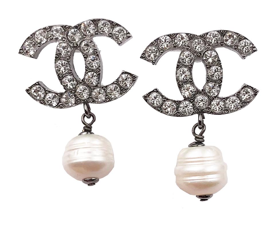 Top Quality Chanel Gunmetal CC Crystal Faux Baroque Pearl Dangle Piercing Earrings