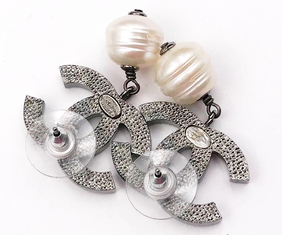 Top Quality Chanel Gunmetal CC Crystal Faux Baroque Pearl Dangle Piercing Earrings