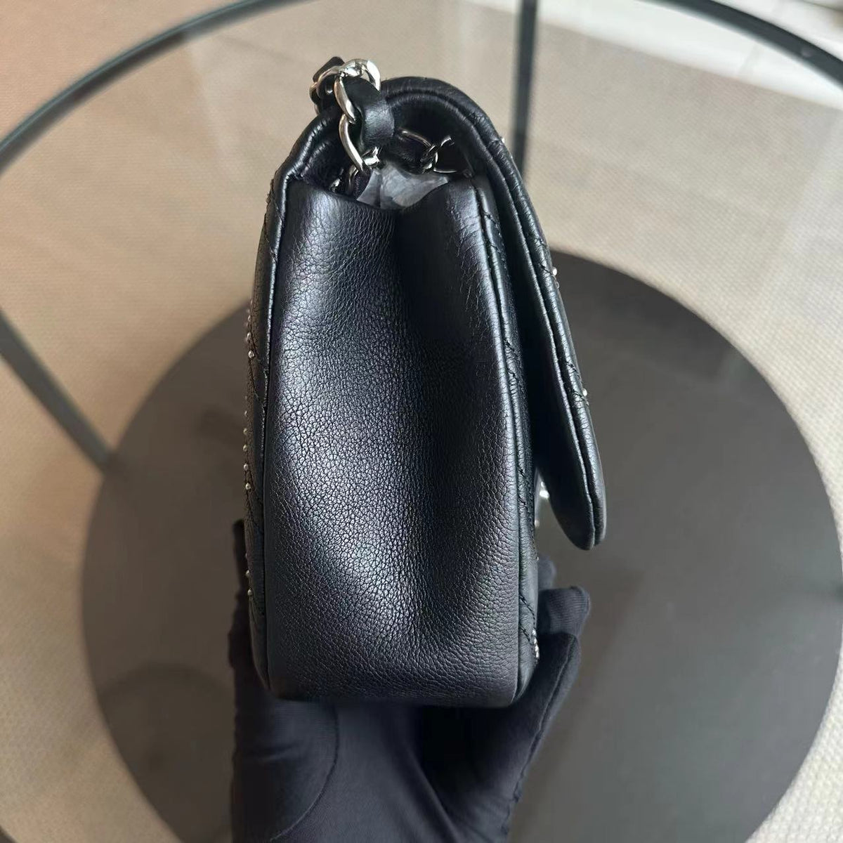 Chanel Seasonal Flap - Studded 25CM Chevron Calfskin Black Silver Hardware Series 24